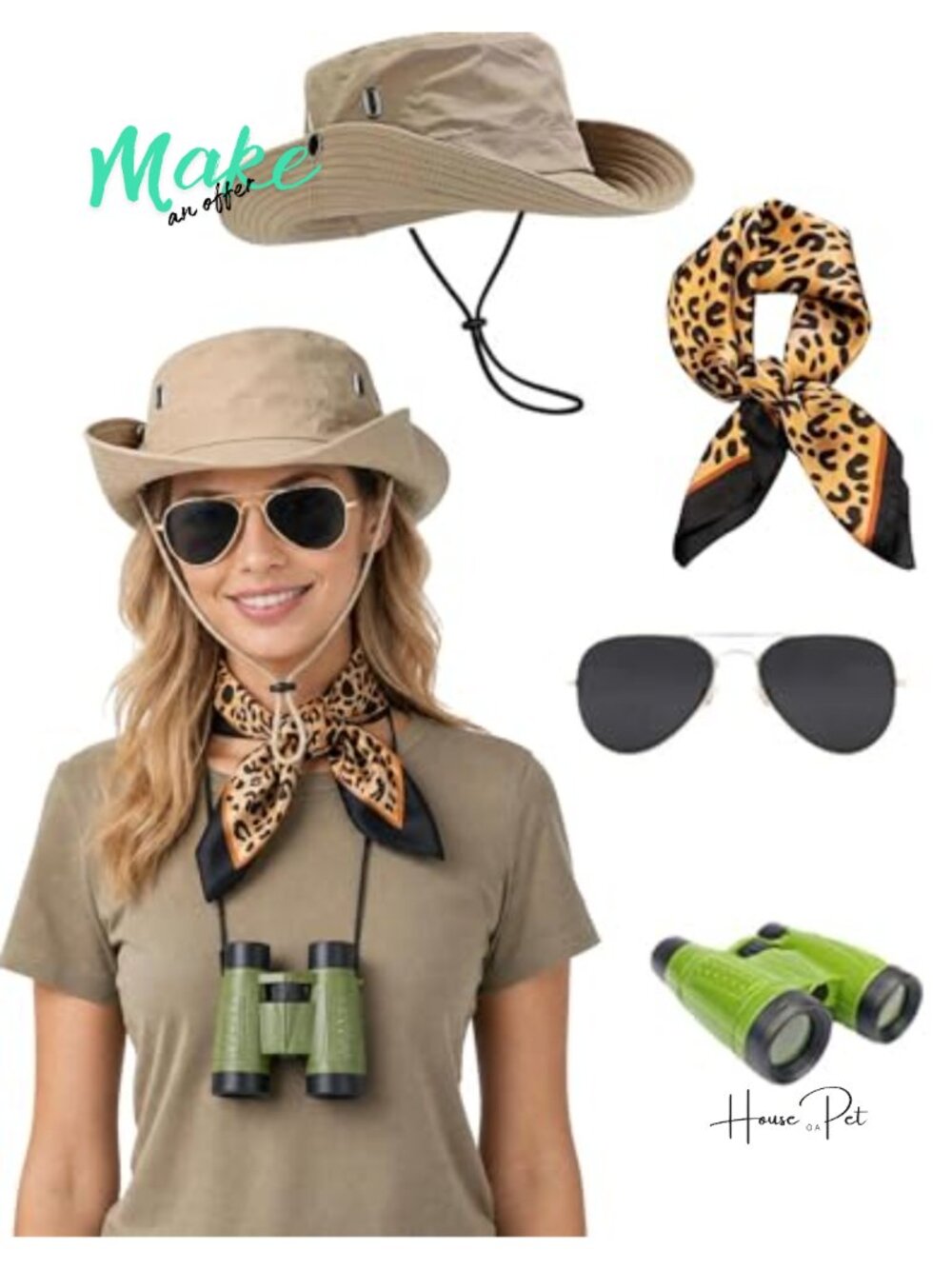 4-Piece Safari Costume Kit Sun Bucket Hat Leopard Scarf Binoculars Cosplay